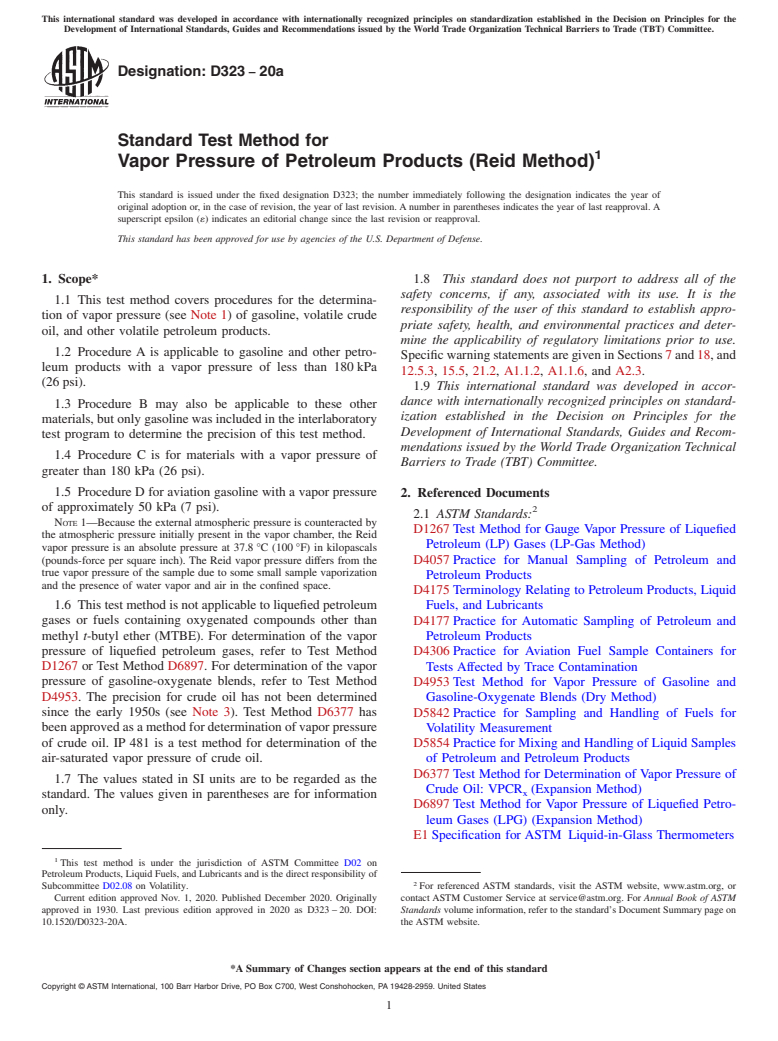 ASTM D323-20a - Standard Test Method for  Vapor Pressure of Petroleum Products (Reid Method)