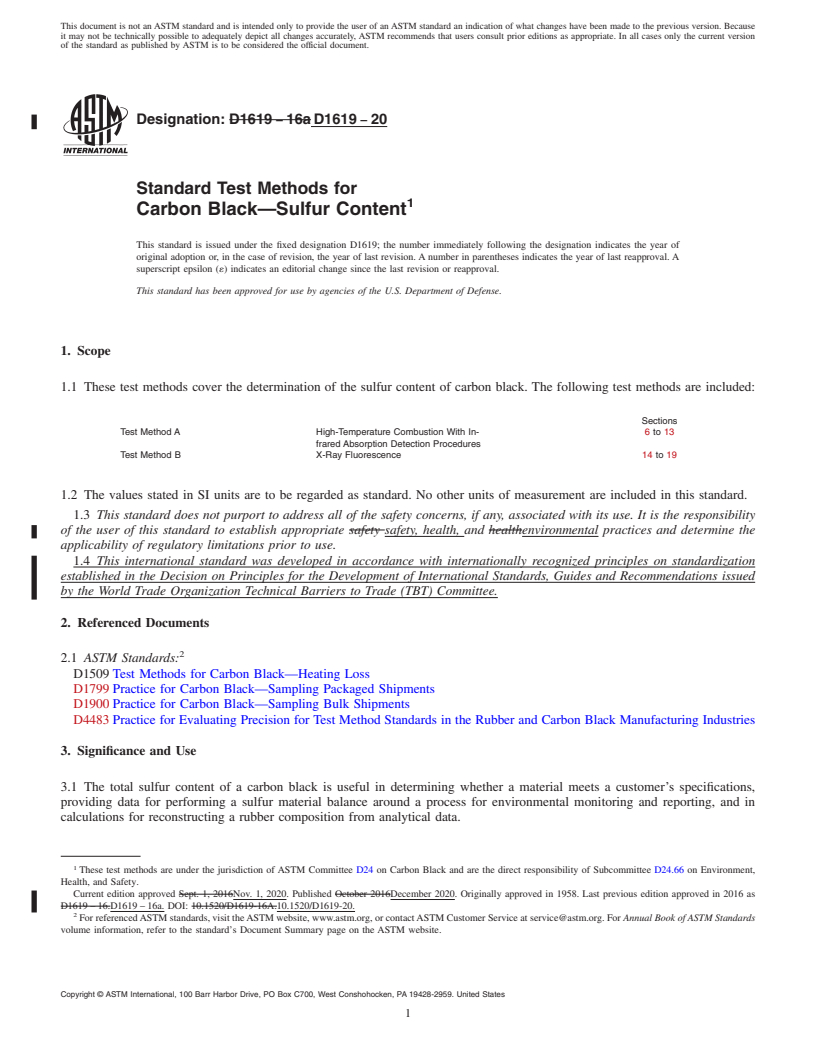 REDLINE ASTM D1619-20 - Standard Test Methods for  Carbon Black—Sulfur Content