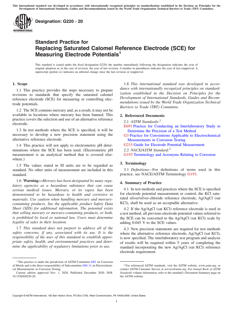 ASTM G220-20 - Standard Practice for Replacing Saturated Calomel Reference Electrode (SCE) for Measuring  Electrode Potentials