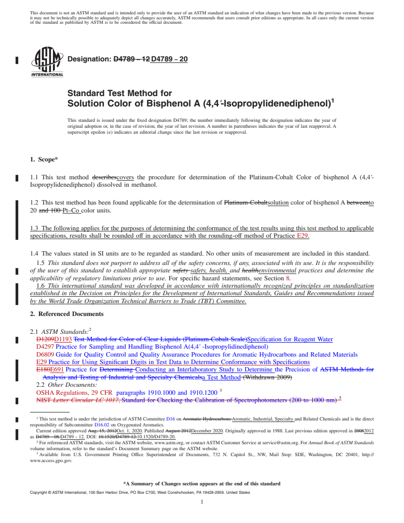 REDLINE ASTM D4789-20 - Standard Test Method for Solution Color of Bisphenol A (4,4<emph type="ital">′</emph  >-Isopropylidenediphenol)