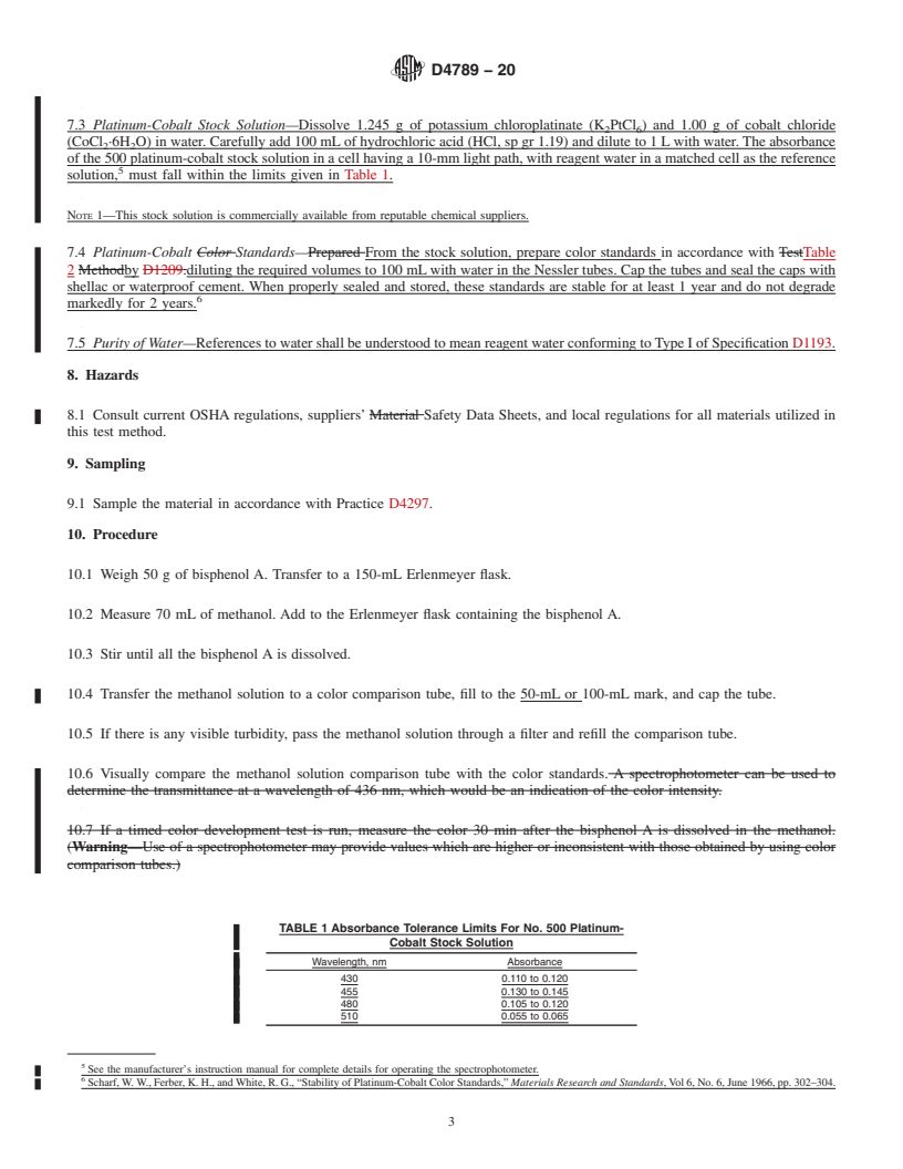 REDLINE ASTM D4789-20 - Standard Test Method for Solution Color of Bisphenol A (4,4<emph type="ital">′</emph  >-Isopropylidenediphenol)