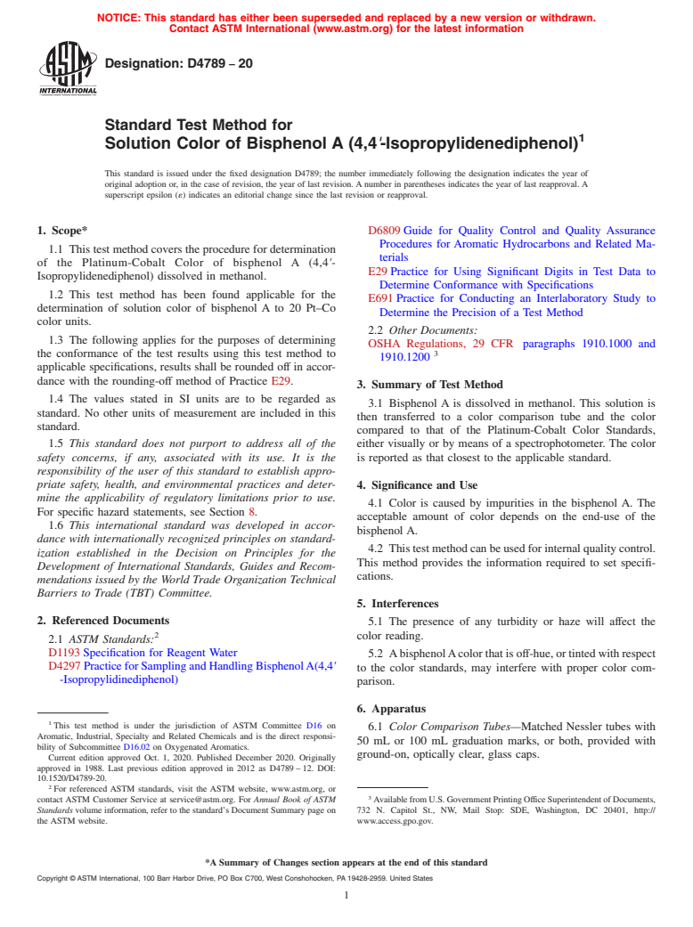 ASTM D4789-20 - Standard Test Method for Solution Color of Bisphenol A (4,4<emph type="ital">′</emph  >-Isopropylidenediphenol)