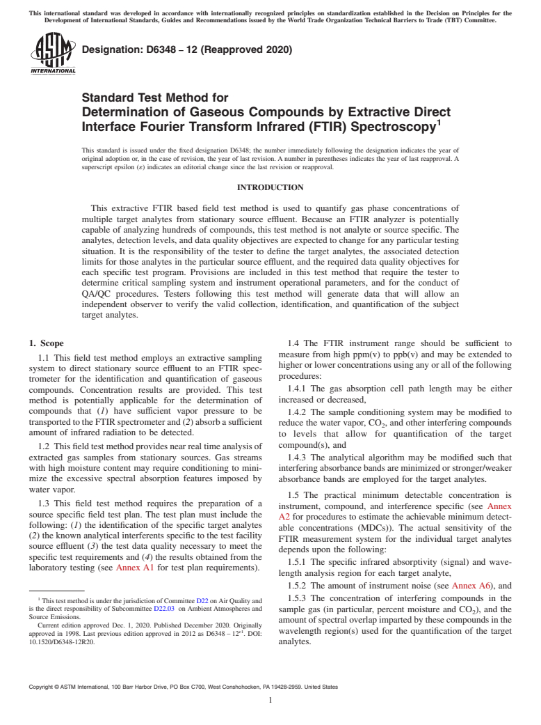 ASTM D6348-12(2020) - Standard Test Method for  Determination of Gaseous Compounds by Extractive Direct Interface  Fourier Transform Infrared (FTIR) Spectroscopy