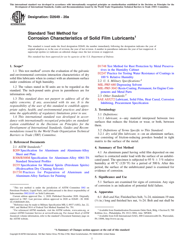 ASTM D2649-20a - Standard Test Method for  Corrosion Characteristics of Solid Film Lubricants