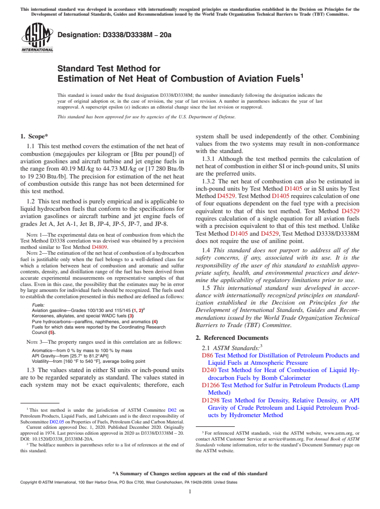 ASTM D3338/D3338M-20a - Standard Test Method for  Estimation of Net Heat of Combustion of Aviation Fuels