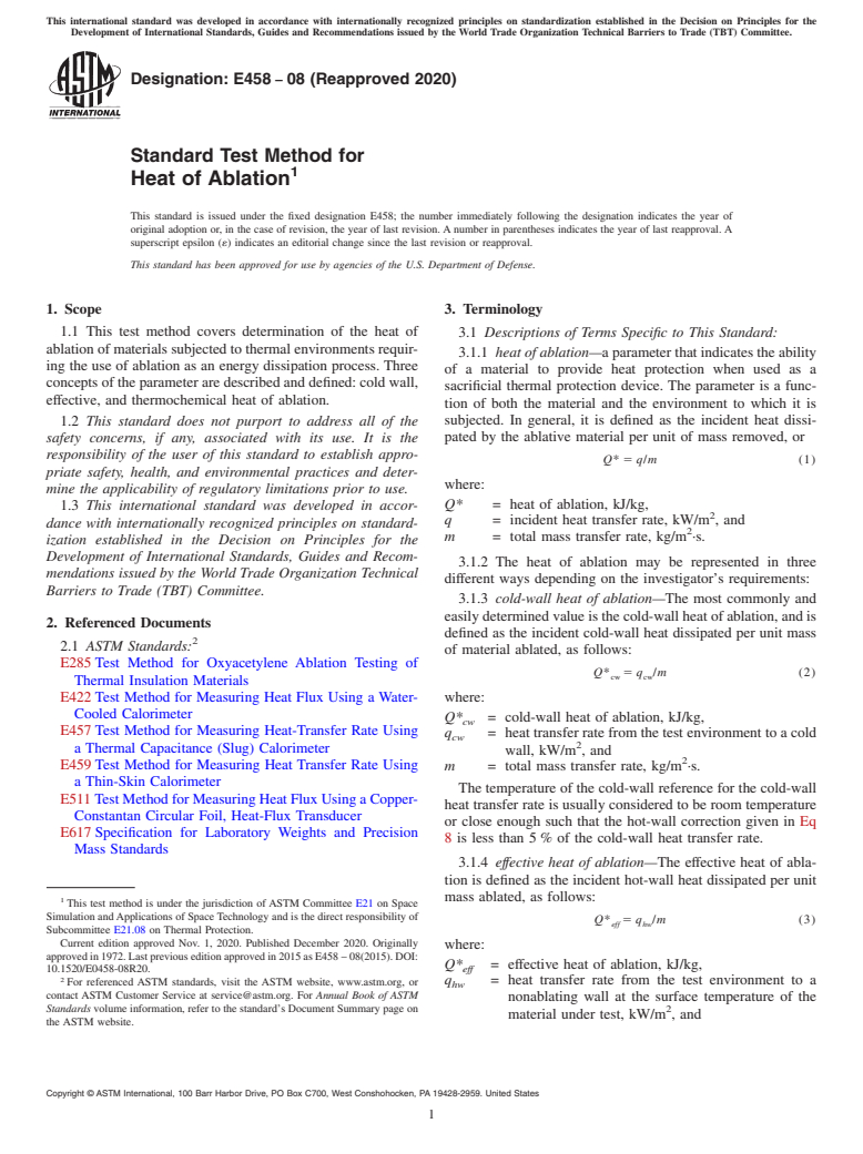 ASTM E458-08(2020) - Standard Test Method for  Heat of Ablation