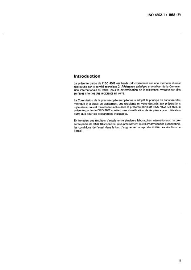 ISO 4802-1:1988 - Verrerie -- Résistance hydrolytique des surfaces internes des récipients en verre