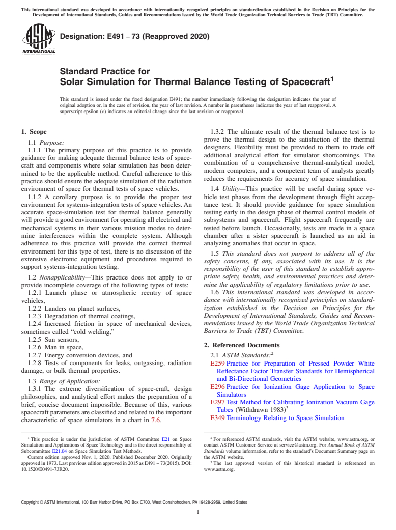 ASTM E491-73(2020) - Standard Practice for Solar Simulation for Thermal Balance Testing of Spacecraft