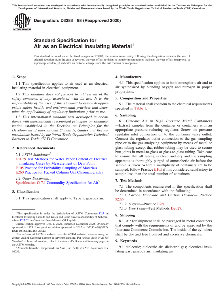 ASTM D3283-98(2020) - Standard Specification for  Air as an Electrical Insulating Material