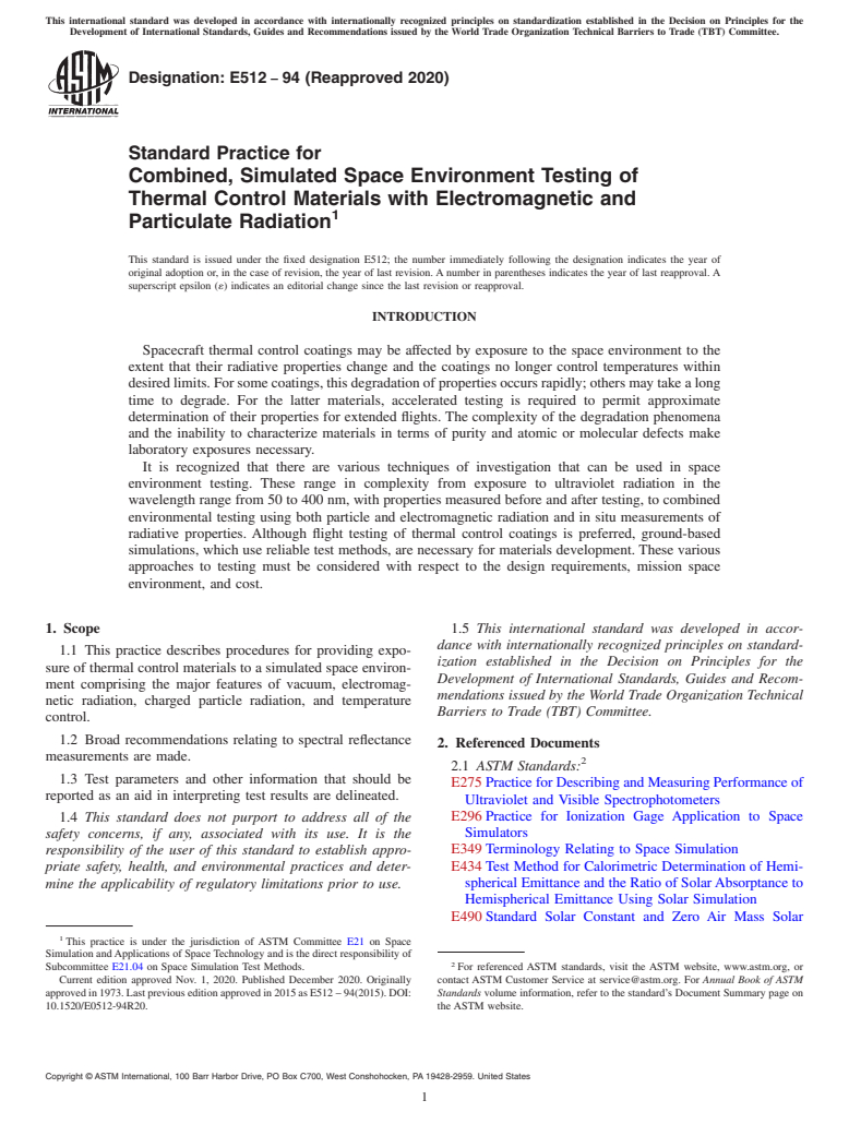 ASTM E512-94(2020) - Standard Practice for Combined, Simulated Space Environment Testing of Thermal Control Materials with Electromagnetic and Particulate Radiation