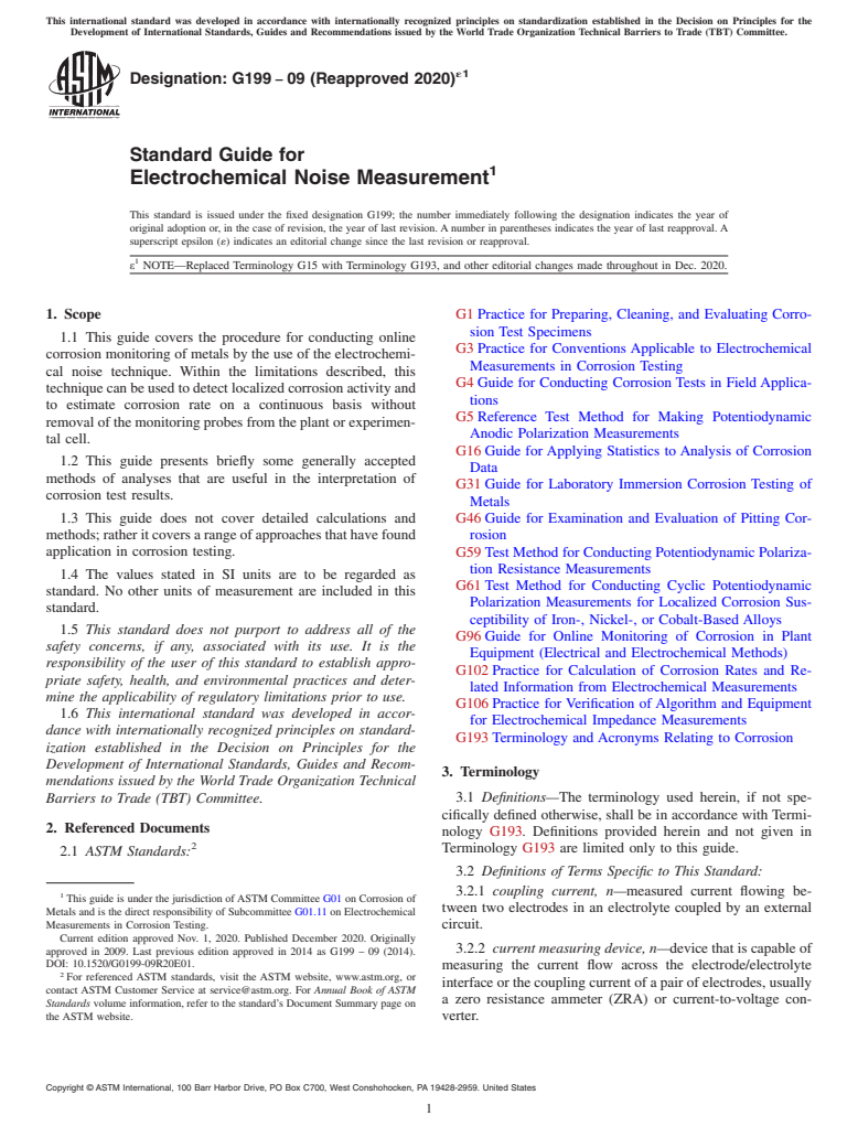 ASTM G199-09(2020)e1 - Standard Guide for Electrochemical Noise Measurement