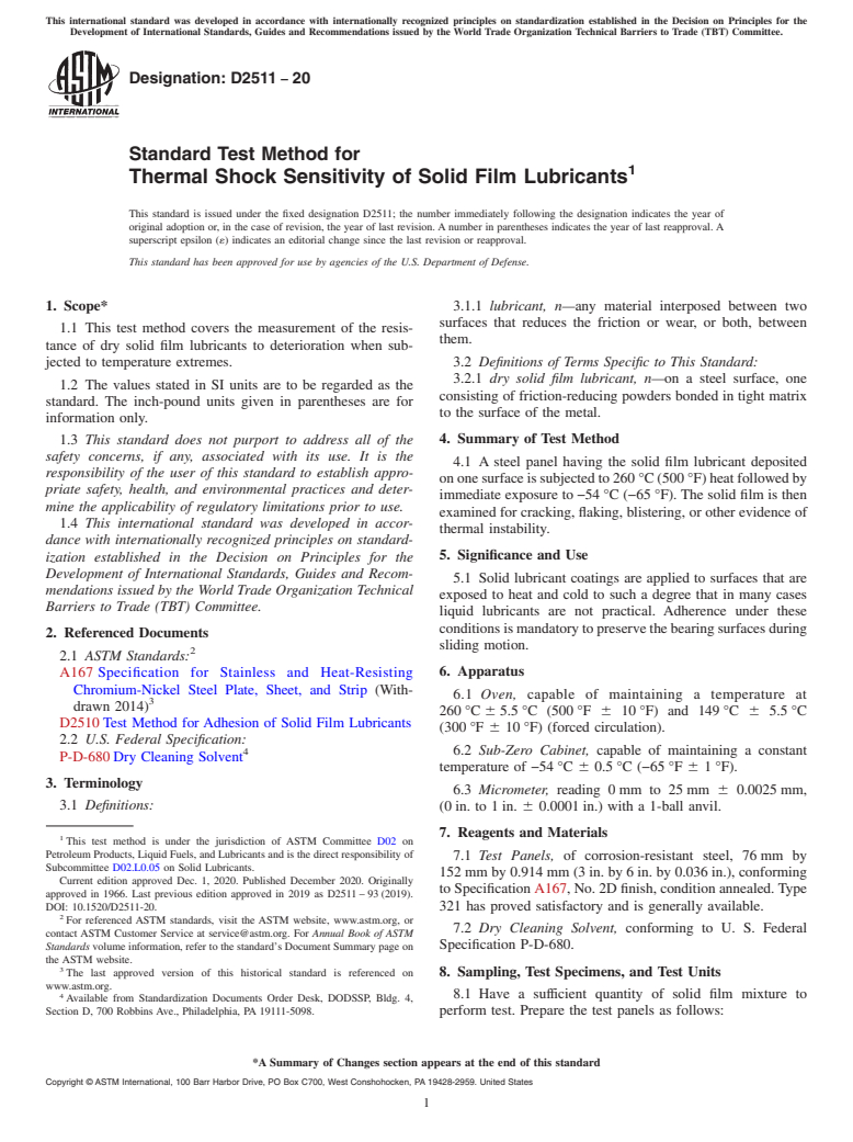 ASTM D2511-20 - Standard Test Method for  Thermal Shock Sensitivity of Solid Film Lubricants