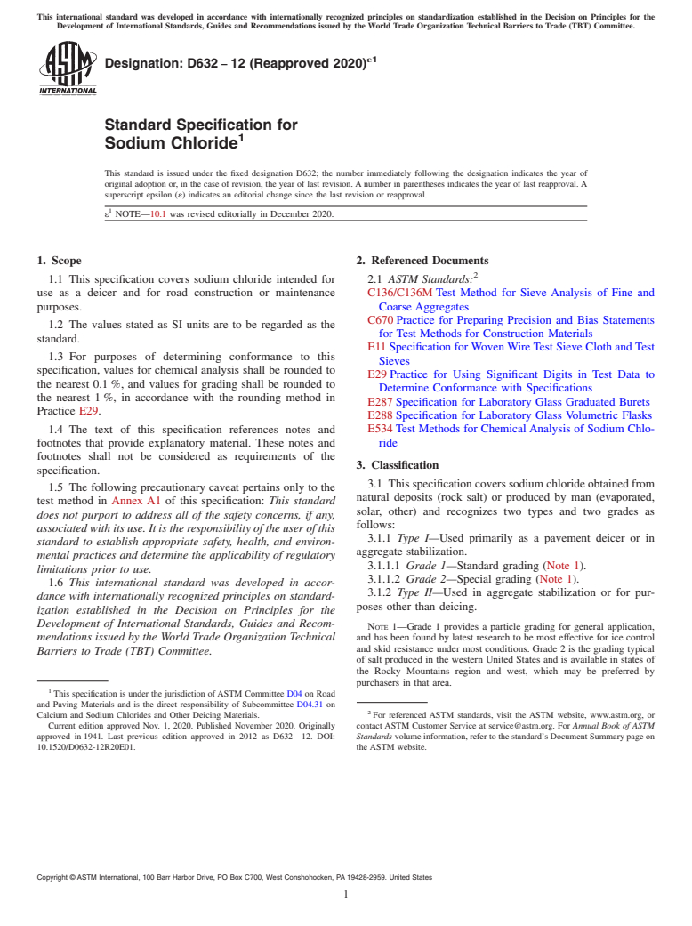 ASTM D632-12(2020)e1 - Standard Specification for Sodium Chloride