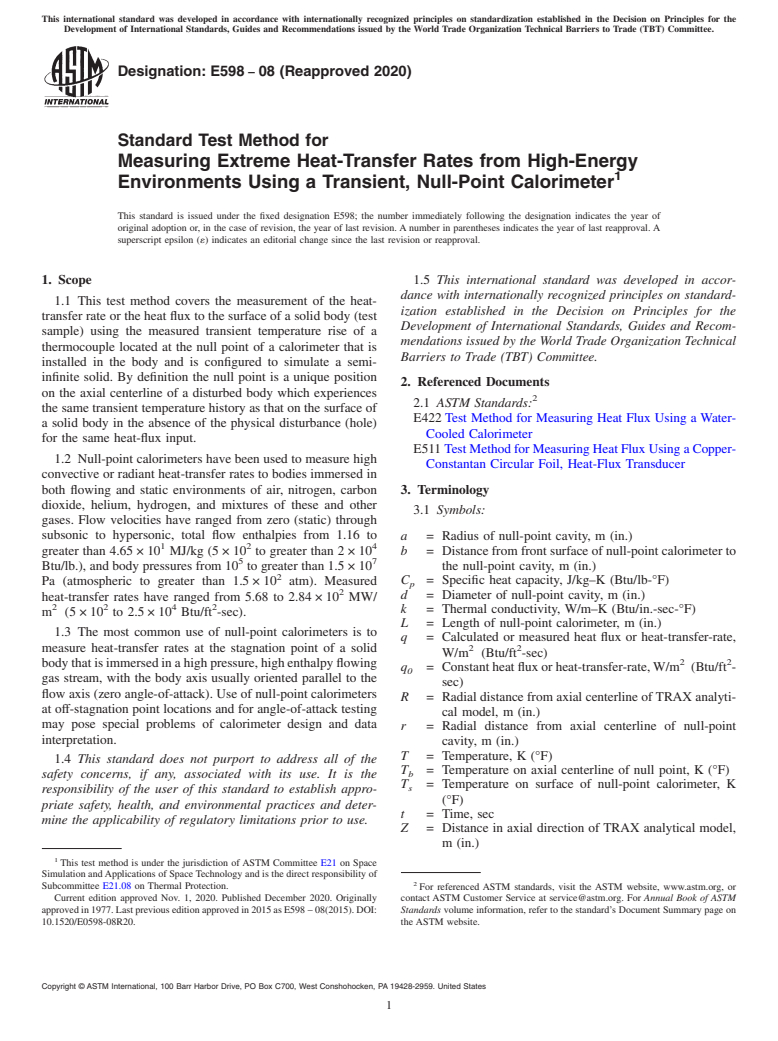 ASTM E598-08(2020) - Standard Test Method for Measuring Extreme Heat-Transfer Rates from High-Energy Environments Using a Transient, Null-Point Calorimeter