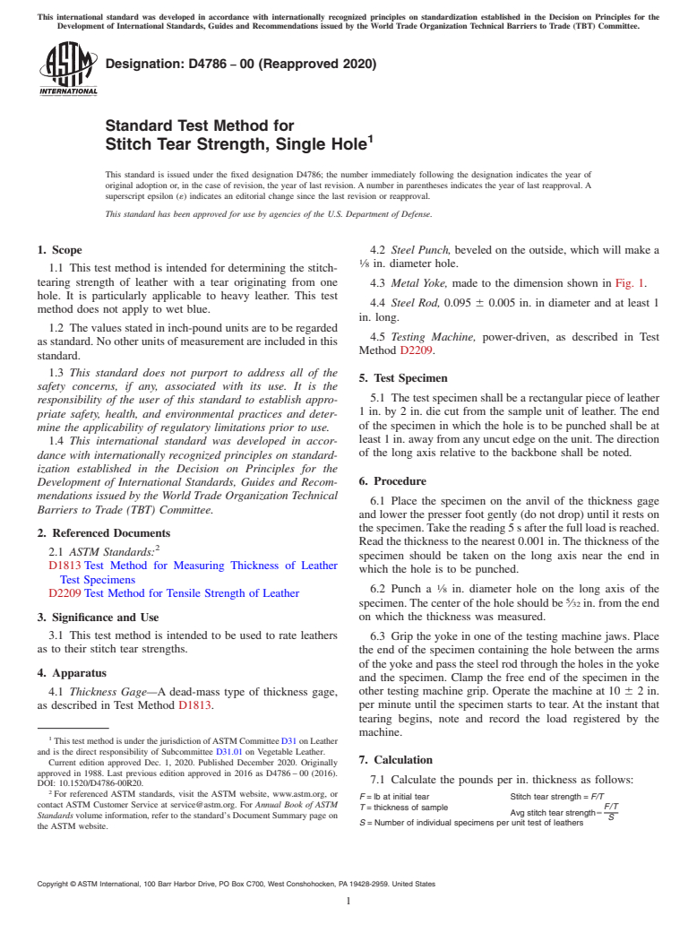 ASTM D4786-00(2020) - Standard Test Method for  Stitch Tear Strength, Single Hole