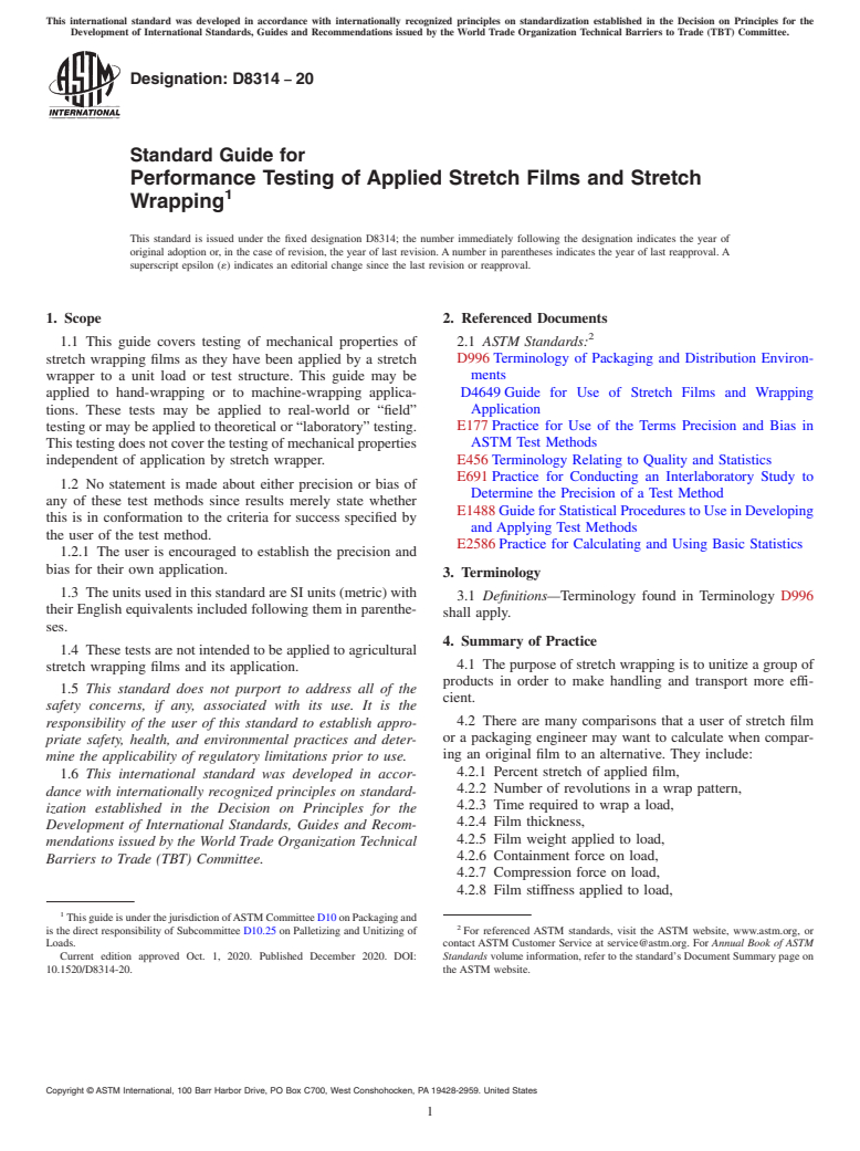 ASTM D8314-20 - Standard Guide for Performance Testing of Applied Stretch Films and Stretch Wrapping