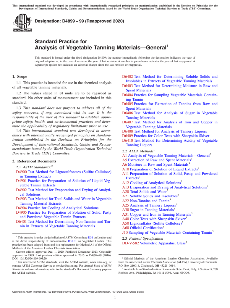 ASTM D4899-99(2020) - Standard Practice for  Analysis of Vegetable Tanning Materials—General