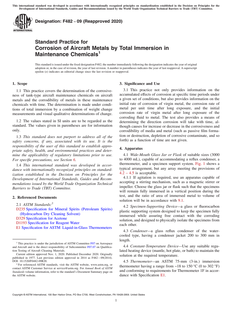 ASTM F482-09(2020) - Standard Practice for  Corrosion of Aircraft Metals by Total Immersion in Maintenance  Chemicals