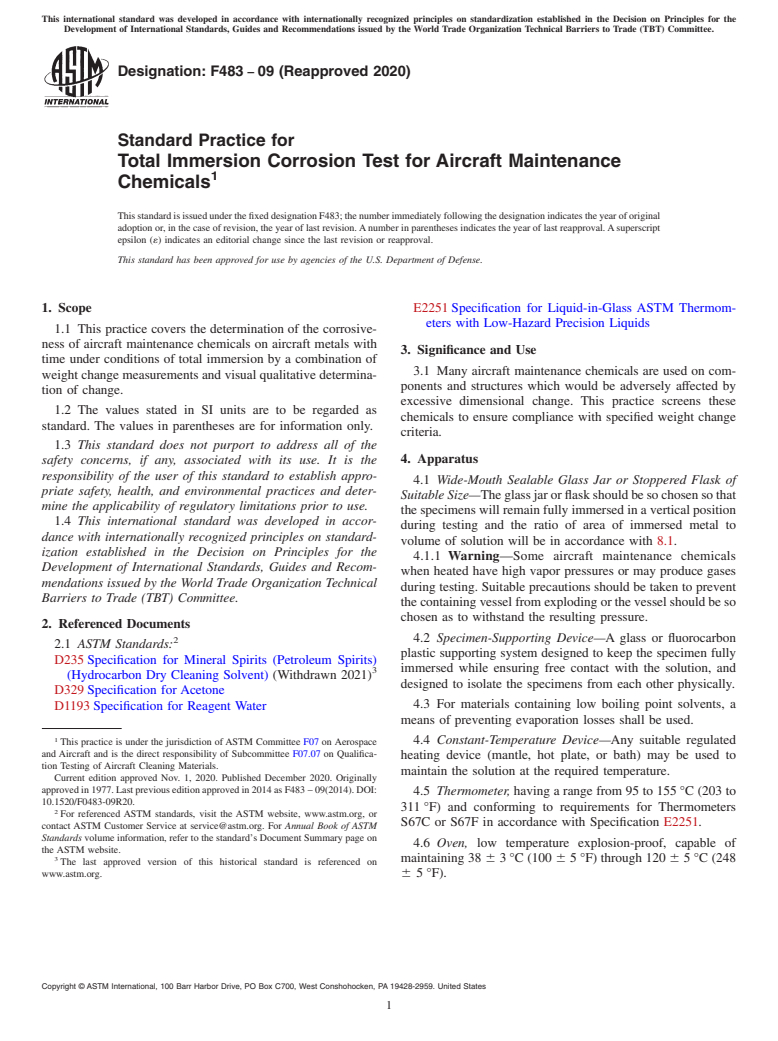 ASTM F483-09(2020) - Standard Practice for  Total Immersion Corrosion Test for Aircraft Maintenance Chemicals