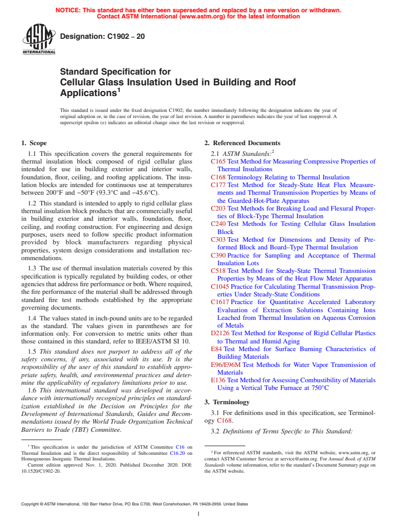 ASTM C1902-20 - Standard Specification for Cellular Glass Insulation Used in Building and Roof Applications