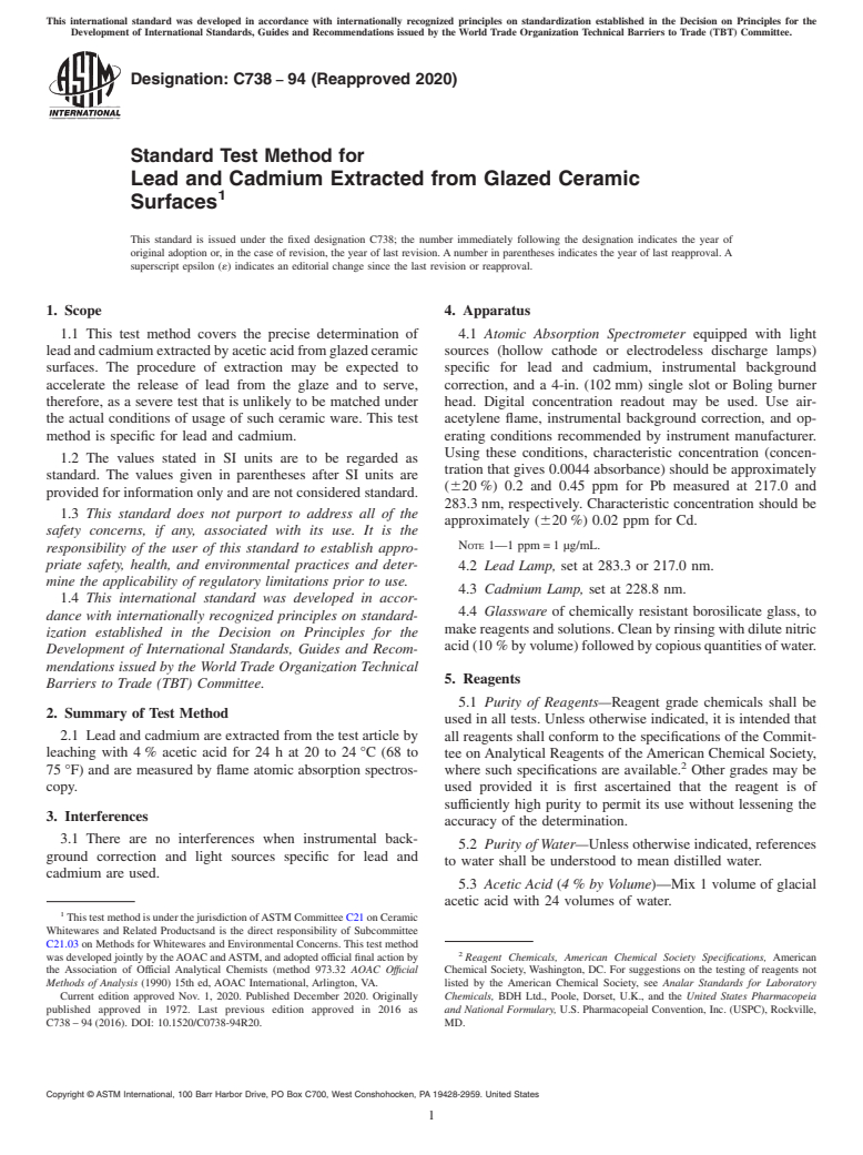 ASTM C738-94(2020) - Standard Test Method for  Lead and Cadmium Extracted from Glazed Ceramic Surfaces