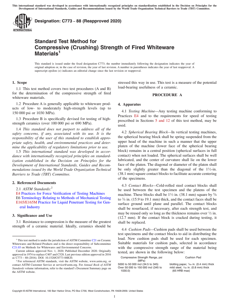 ASTM C773-88(2020) - Standard Test Method for  Compressive (Crushing) Strength of Fired Whiteware Materials