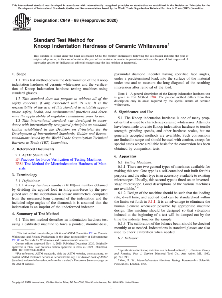 ASTM C849-88(2020) - Standard Test Method for  Knoop Indentation Hardness of Ceramic Whitewares