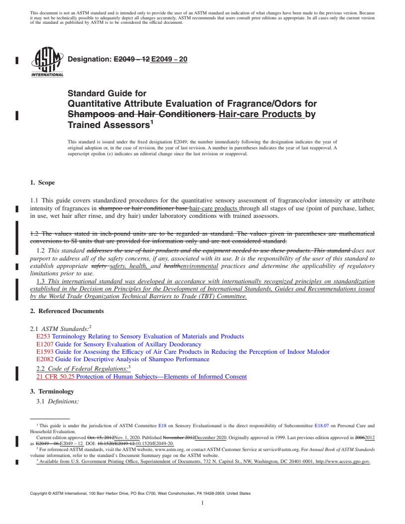 REDLINE ASTM E2049-20 - Standard Guide for  Quantitative Attribute Evaluation of Fragrance/Odors for Hair-care  Products by Trained Assessors