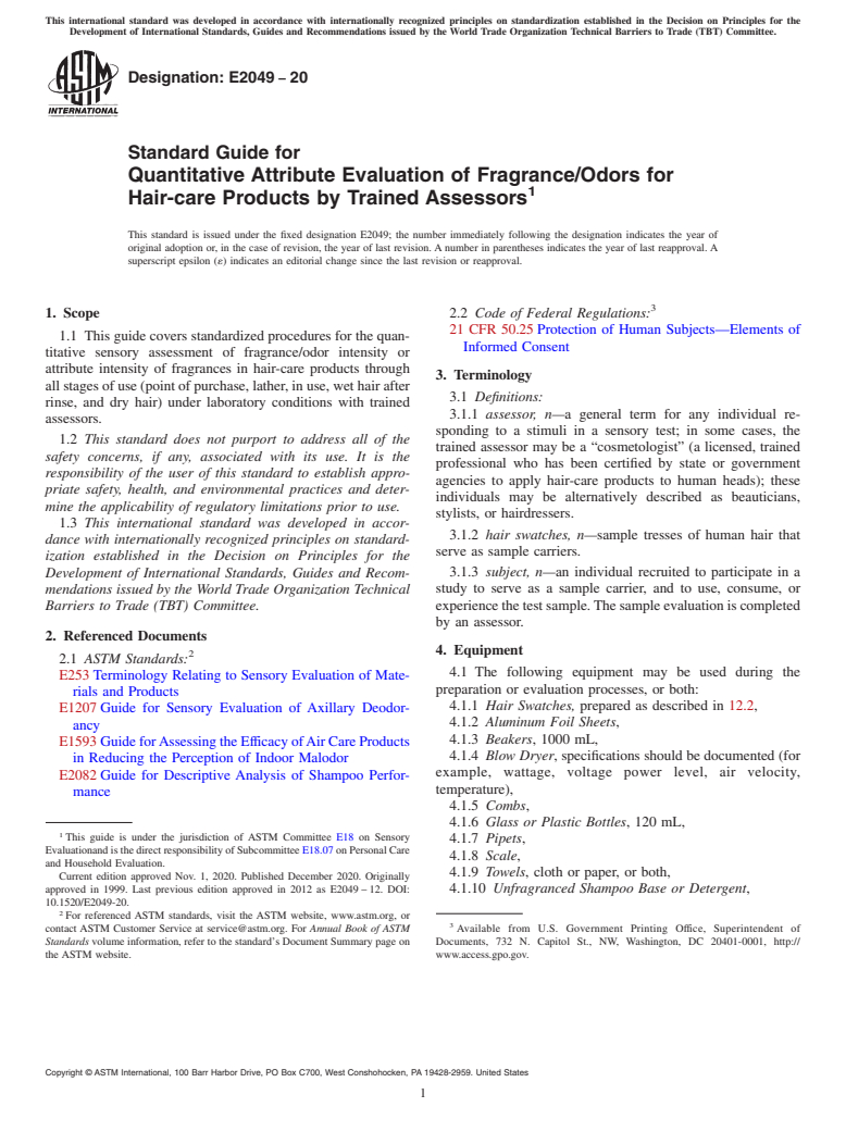 ASTM E2049-20 - Standard Guide for  Quantitative Attribute Evaluation of Fragrance/Odors for Hair-care  Products by Trained Assessors