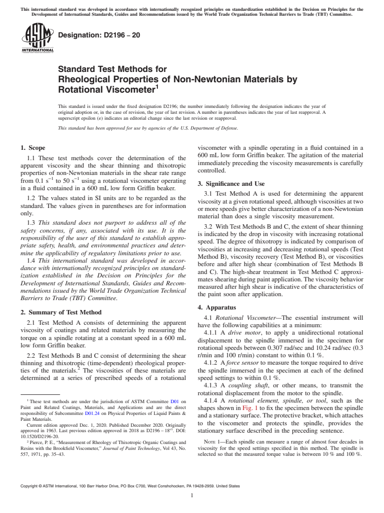ASTM D2196-20 - Standard Test Methods for Rheological Properties of Non-Newtonian Materials by Rotational  Viscometer