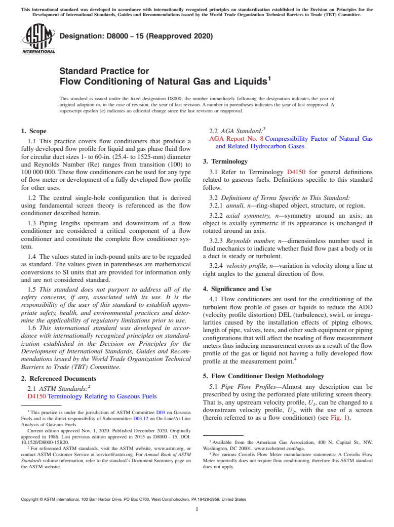 ASTM D8000-15(2020) - Standard Practice for Flow Conditioning of Natural Gas and Liquids