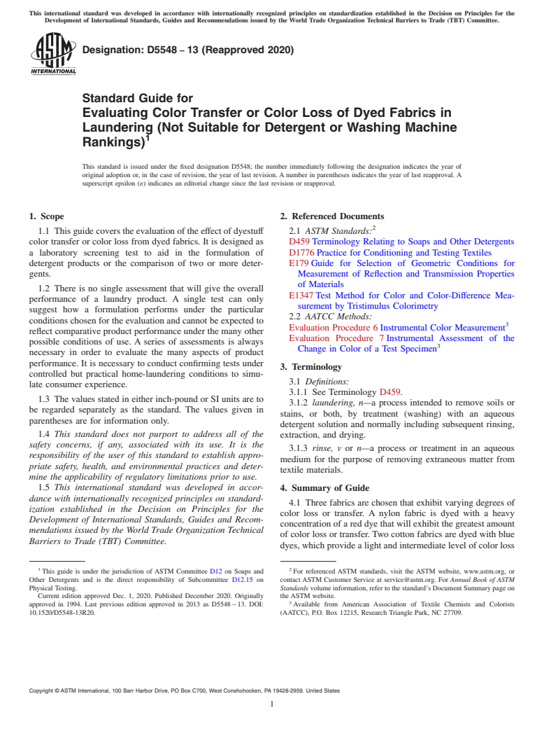 ASTM D5548-13(2020) - Standard Guide for  Evaluating Color Transfer or Color Loss of Dyed Fabrics in  Laundering (Not Suitable for Detergent  or Washing Machine Rankings)