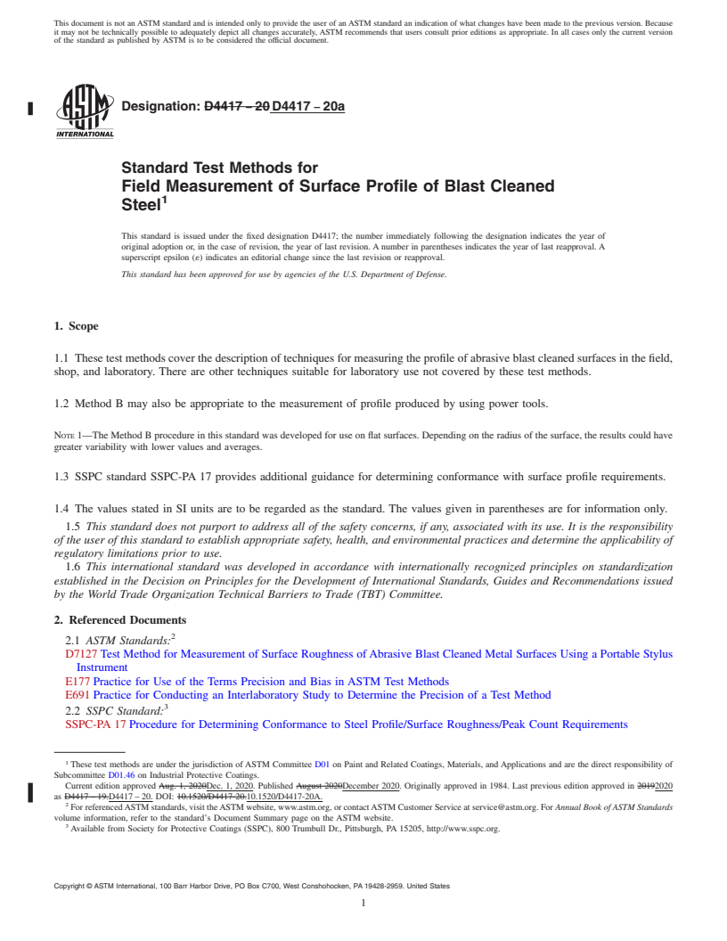 REDLINE ASTM D4417-20a - Standard Test Methods for Field Measurement of Surface Profile of Blast Cleaned Steel