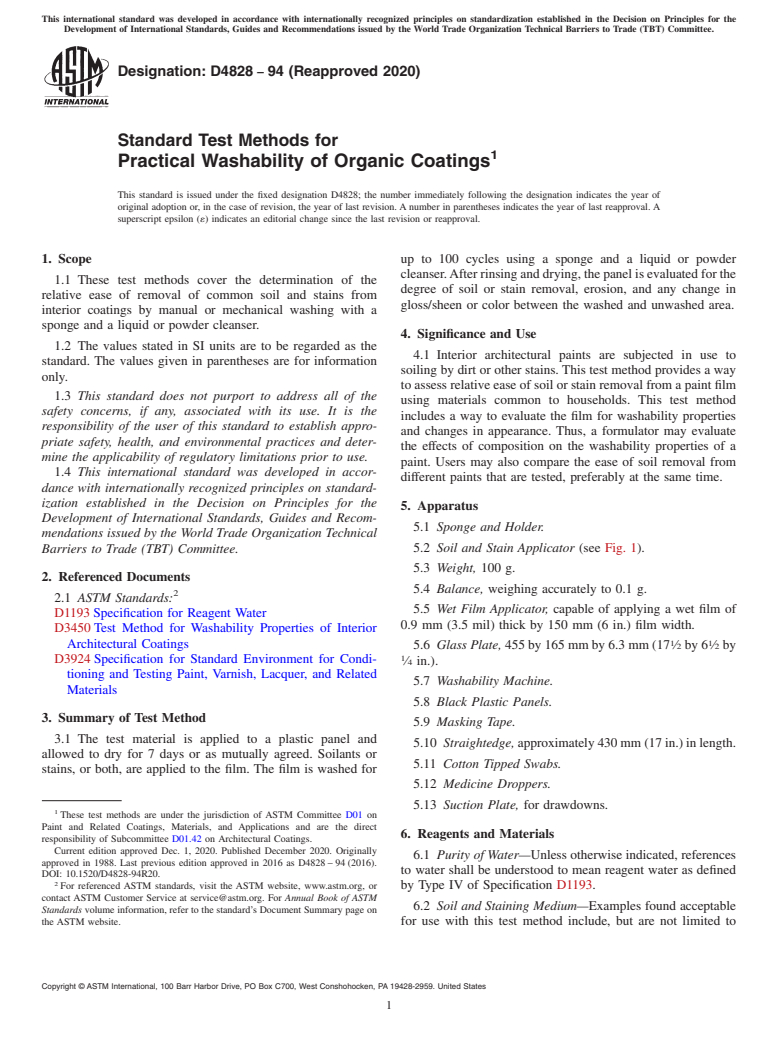 ASTM D4828-94(2020) - Standard Test Methods for Practical Washability of Organic Coatings