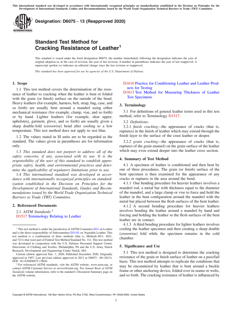 ASTM D6075-13(2020) - Standard Test Method for  Cracking Resistance of Leather