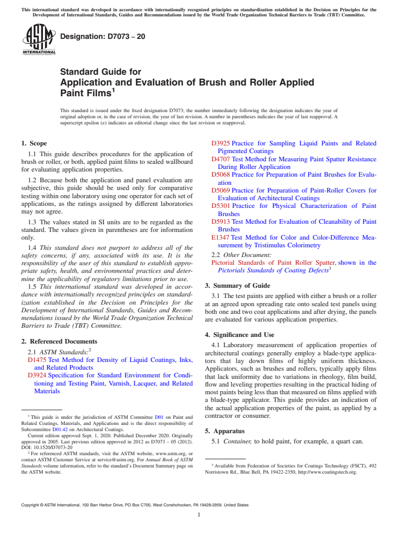 ASTM D7073-20 - Standard Guide for  Application and Evaluation of Brush and Roller Applied Paint   Films