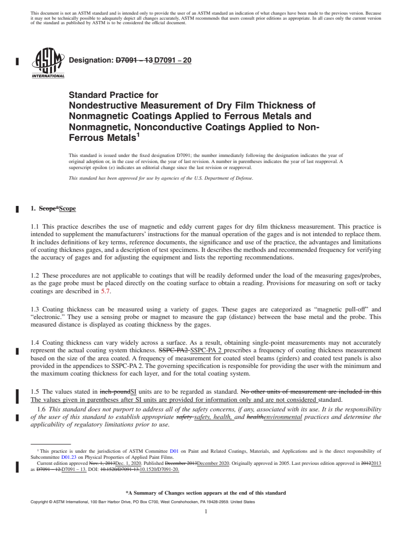 REDLINE ASTM D7091-20 - Standard Practice for Nondestructive Measurement of Dry Film Thickness of Nonmagnetic   Coatings  Applied to Ferrous Metals and Nonmagnetic, Nonconductive   Coatings Applied  to Non-Ferrous Metals