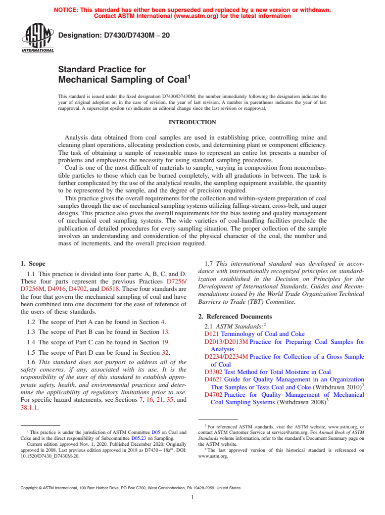 ASTM D7430/D7430M-20 - Standard Practice for Mechanical Sampling of Coal