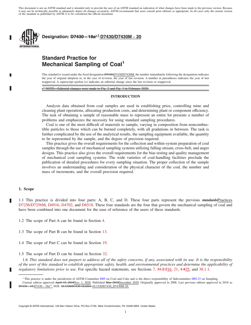 REDLINE ASTM D7430/D7430M-20 - Standard Practice for Mechanical Sampling of Coal