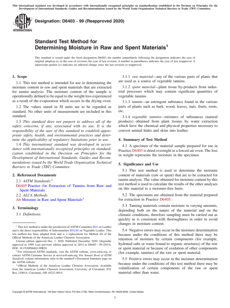 ASTM D6403-99(2020) - Standard Test Method for  Determining Moisture in Raw and Spent Materials