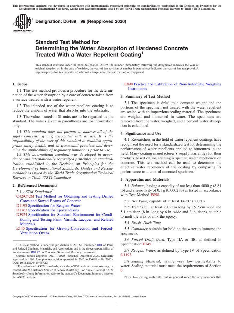 ASTM D6489-99(2020) - Standard Test Method for  Determining the Water Absorption of Hardened Concrete Treated  With a Water Repellent Coating