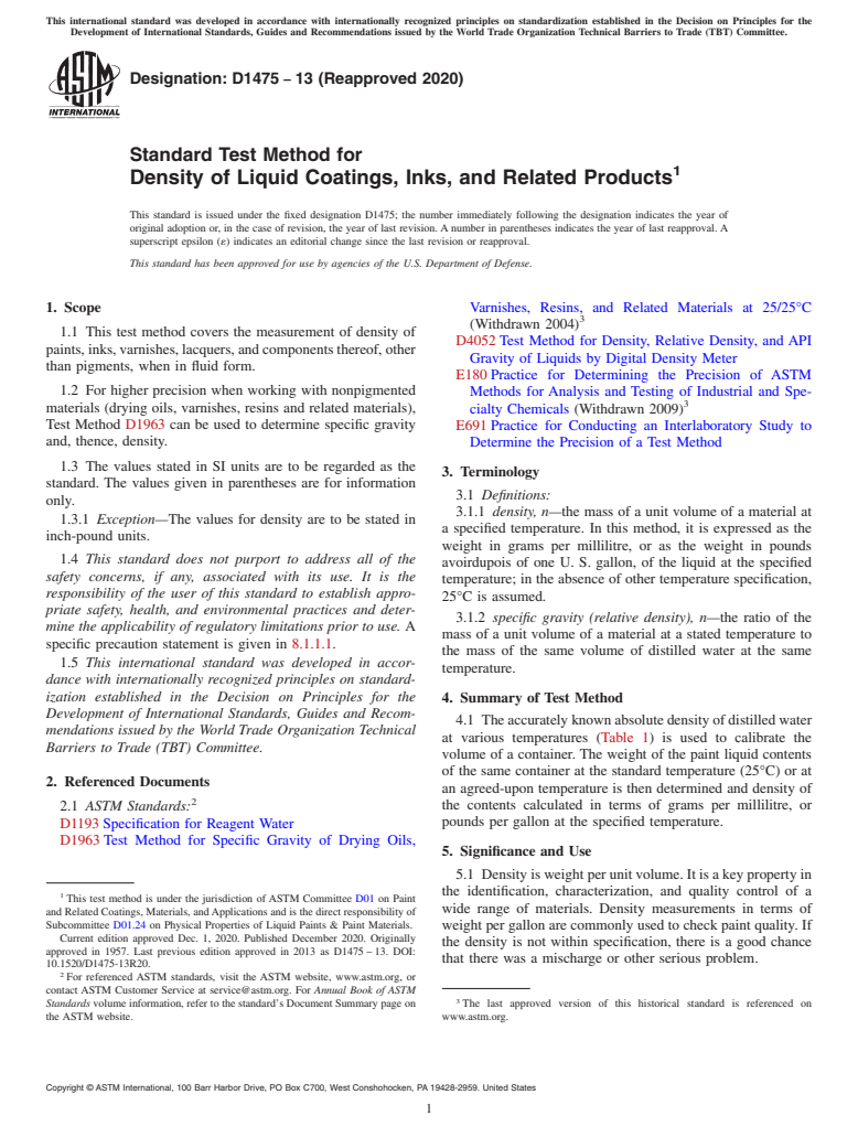 ASTM D1475-13(2020) - Standard Test Method for Density of Liquid Coatings, Inks, and Related Products