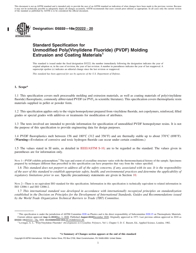 REDLINE ASTM D3222-20 - Standard Specification for Unmodified Poly(Vinylidene Fluoride) (PVDF) Molding Extrusion  and Coating Materials