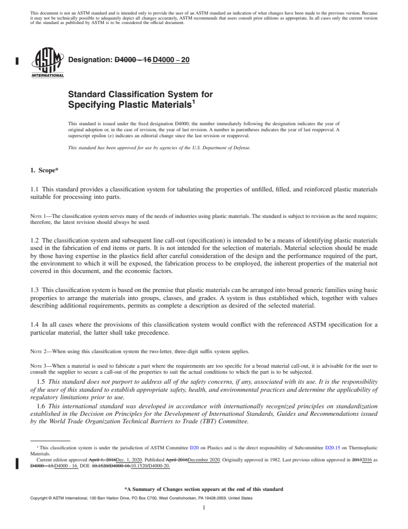 REDLINE ASTM D4000-20 - Standard Classification System for Specifying Plastic Materials