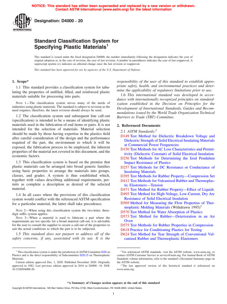 ASTM D4000-20 - Standard Classification System for Specifying Plastic Materials