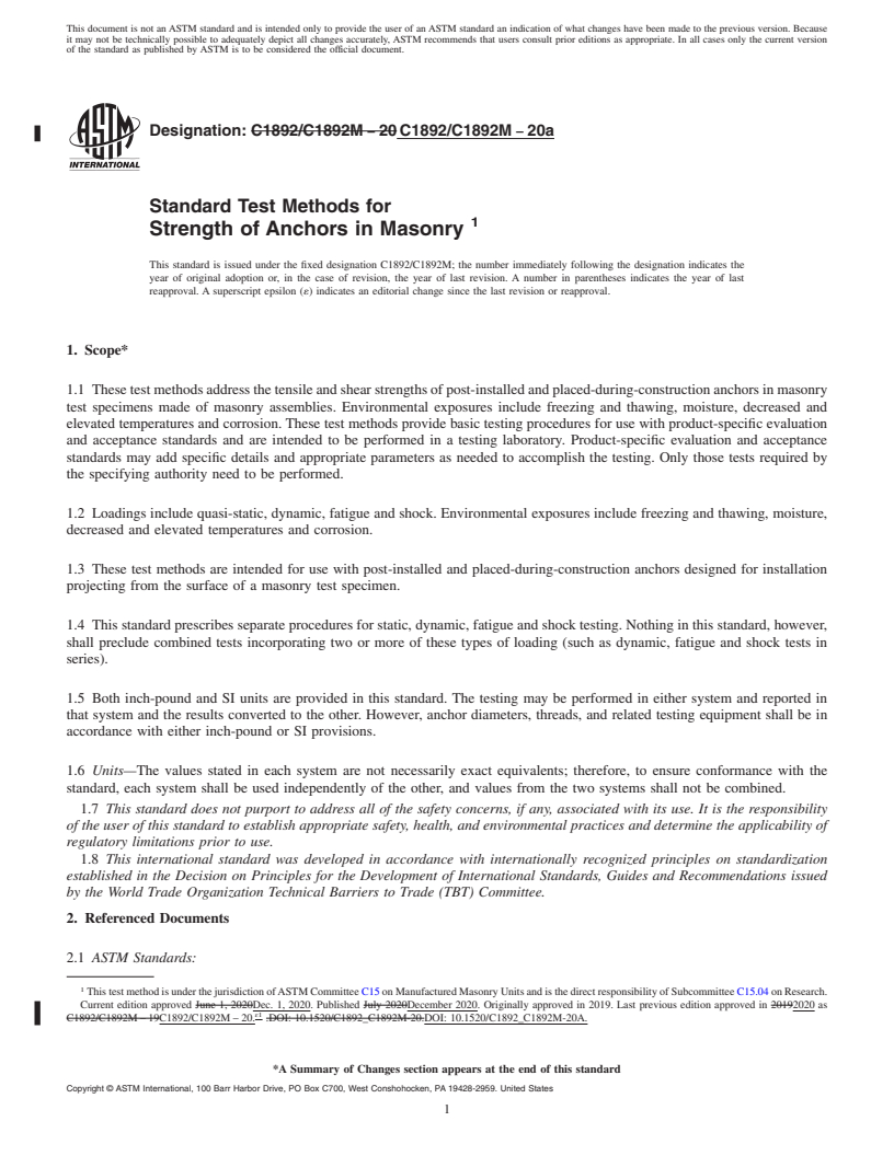 REDLINE ASTM C1892/C1892M-20a - Standard Test Methods for Strength of Anchors in Masonry