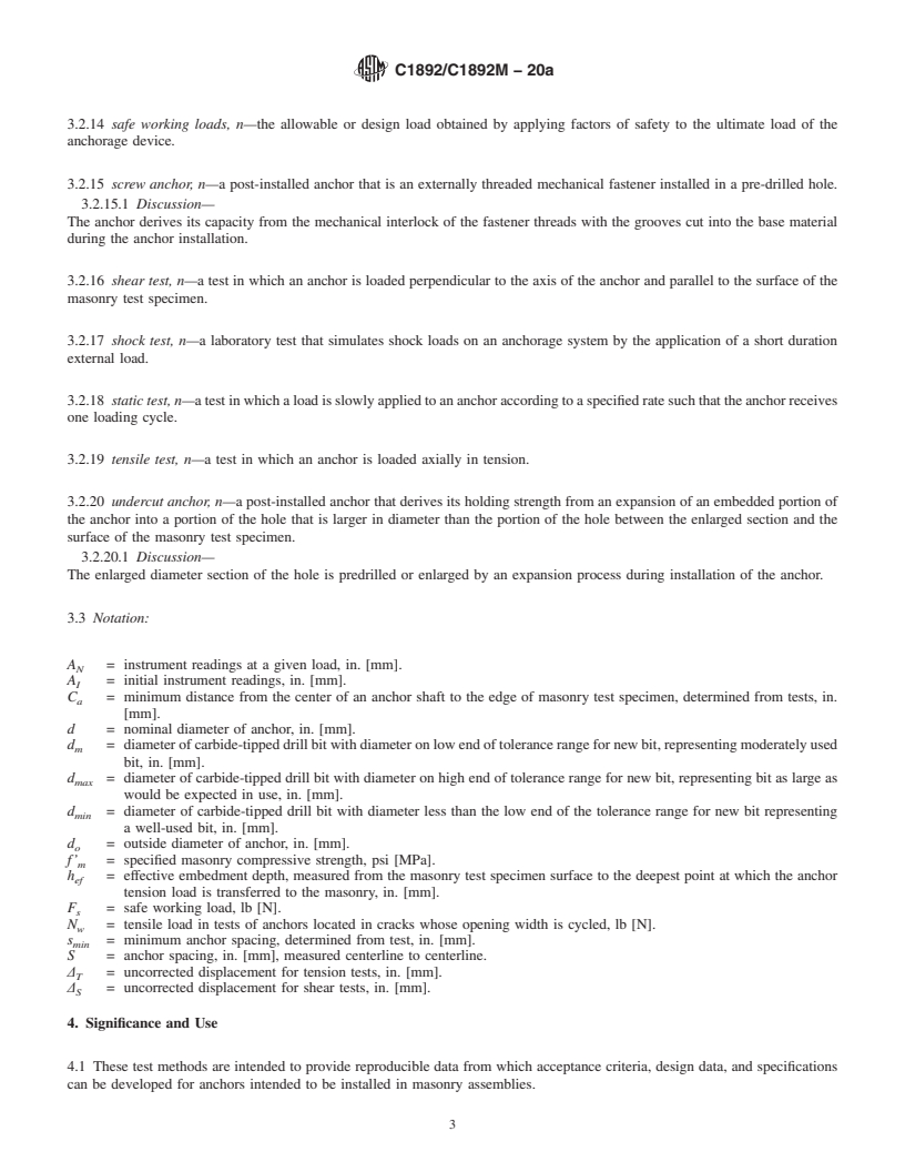 REDLINE ASTM C1892/C1892M-20a - Standard Test Methods for Strength of Anchors in Masonry