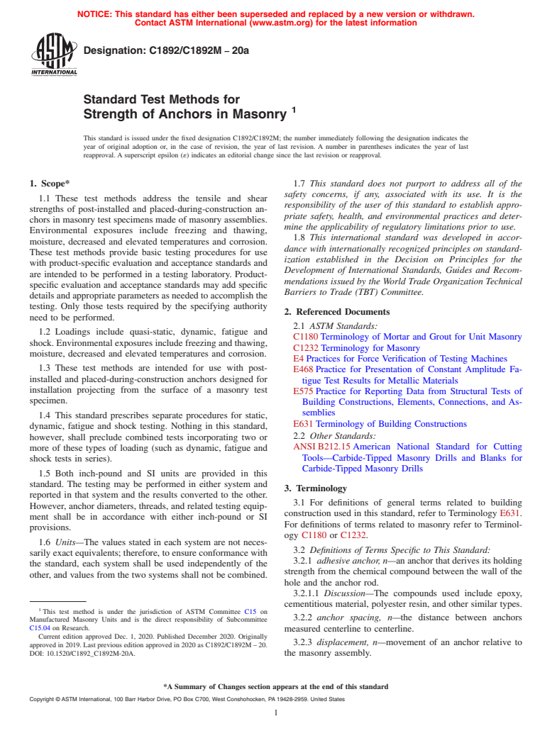 ASTM C1892/C1892M-20a - Standard Test Methods for Strength of Anchors in Masonry