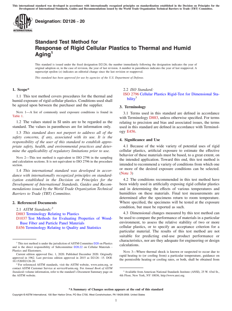 ASTM D2126-20 - Standard Test Method for  Response of Rigid Cellular Plastics to Thermal and Humid Aging