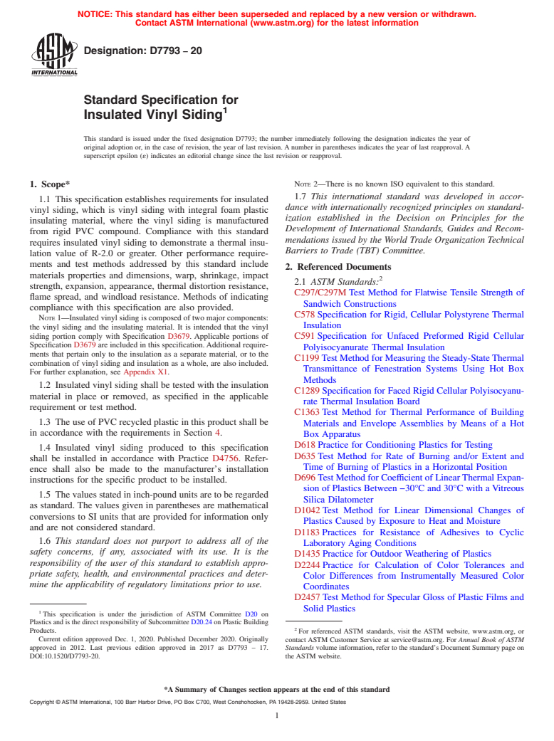 ASTM D7793-20 - Standard Specification for Insulated Vinyl Siding